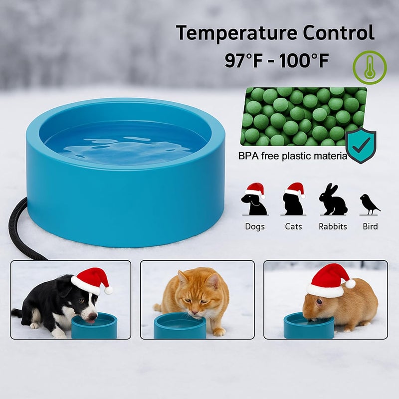Higoro Heated Water Bowl for Dog Cat, Outdoor Warming Animals Bowl with Chew Resistant Power Cord, Waterproof Heat Pet Bowl Smart Uniform Heating in Winter Antifreeze for Chicken Duck,108 fl oz - Image 3